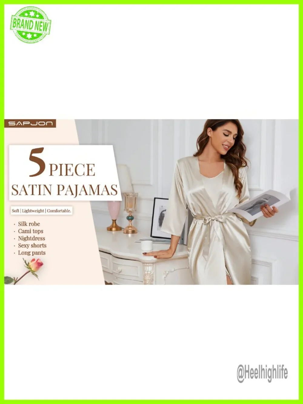 5 Piece Satin Pajama Set Silk Robe Cami Shorts Long Pants Loungewear
